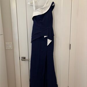 One-Shoulder Navy and White Maxi Dress